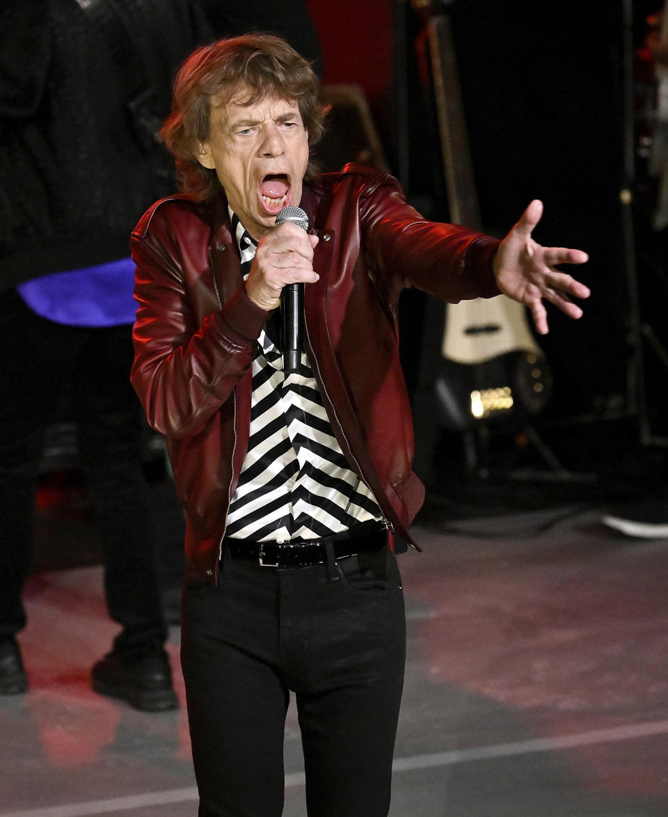 Mick Jagger of The Rolling Stones performs during a celebration for the release of their new album "Hackney Diamonds" on Thursday, Oct. 19, 2023, in New York. (Photo by Evan Agostini/Invision/AP)