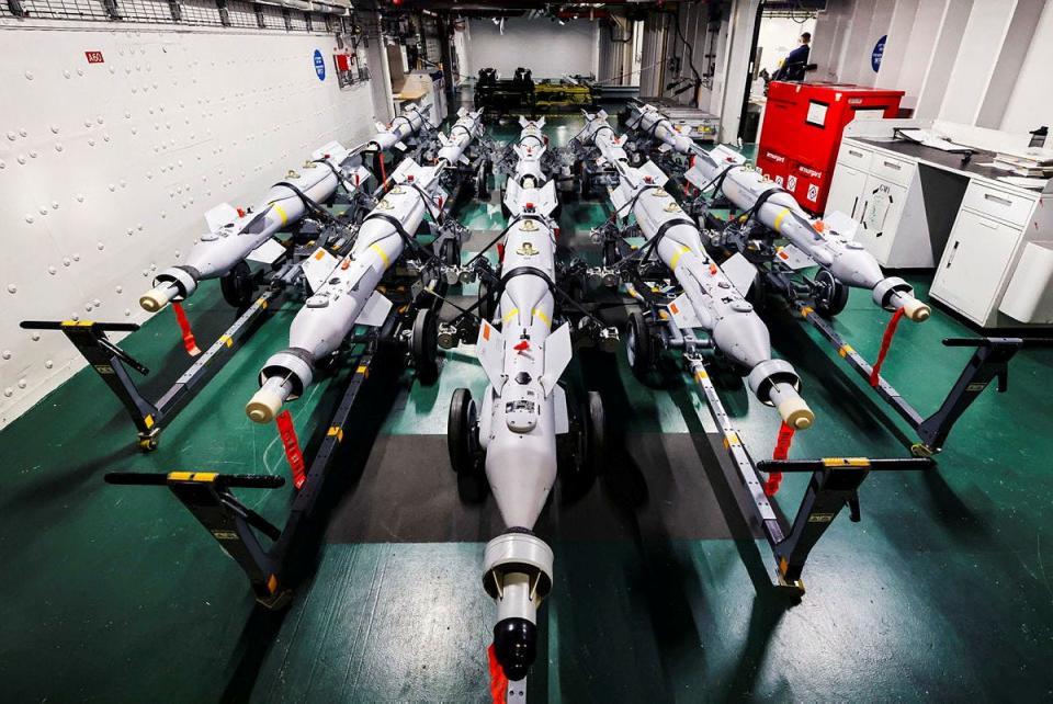 Ten Paveway laser-guided bombs on the HMS Queen Elizabeth aircraft carrier