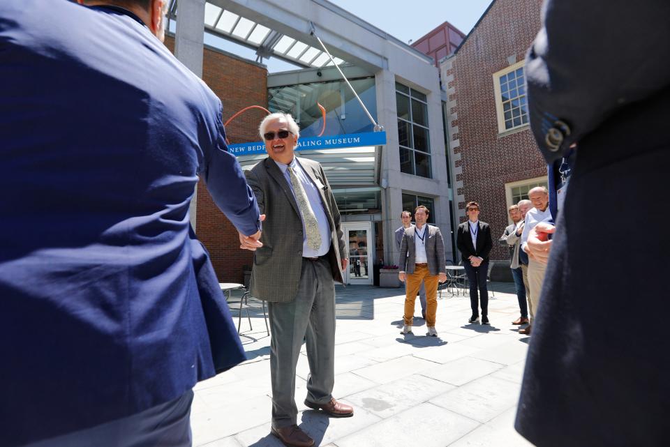 John Bullard, President of the Board of Directors of the New Bedford Ocean Cluster, welcomes a Belgian Delegation to the New Bedford Ocean Cluster, Offshore Wind Day, event held at the Whaling Museum in New Bedford.