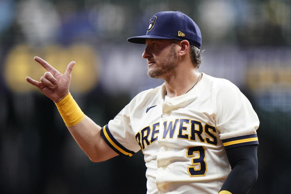 Milwaukee Brewers' Josh Donaldson gestures during the first inning of a baseball game against the Miami Marlins, Monday, Sept. 11, 2023, in Milwaukee. (AP Photo/Aaron Gash)