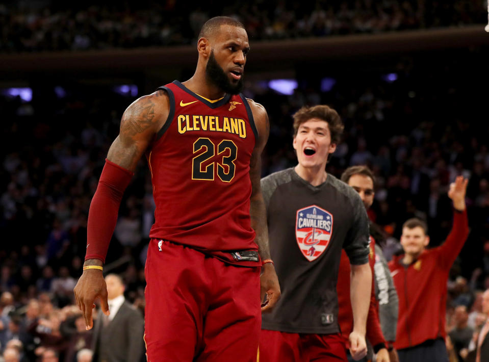 LeBron James stares down the crowd at Madison Square Garden after dropping the dagger that slayed the Knicks on Monday. (Getty)