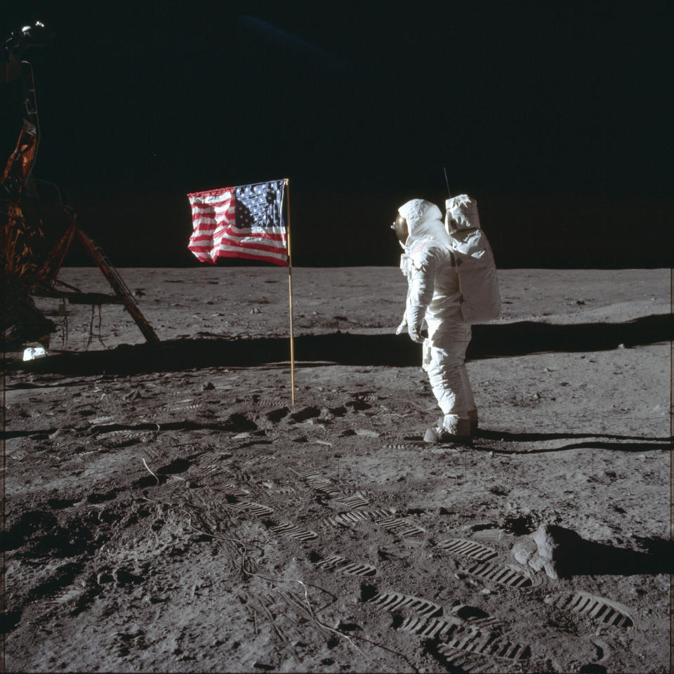 This 1969 photo from NASA shows astronaut Buzz Aldrin Jr posing for a photograph beside the US flag on the moon during the Apollo 11 mission. 