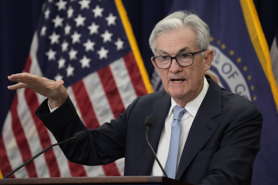 De voorzitter van de Federal Reserve Board, Jerome Powell, spreekt tijdens een persconferentie bij de Federal Reserve op woensdag 22 maart 2023 in Washington.  (AP Foto/Alex Brandon)