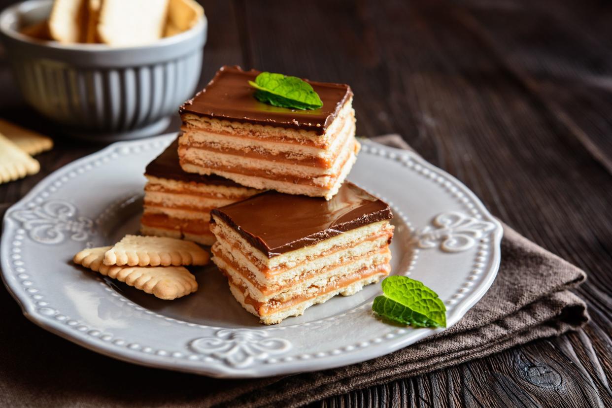 Caramel and chocolate layered cracker toffee bars