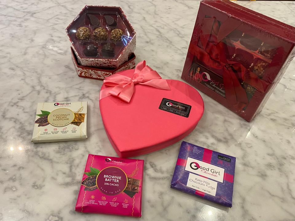 A selection of the various chocolates available at Good Girl Chocolate for Valentine’s Day, including the 13-piece heart assortment, center, given to stars at this year’s Grammys.
