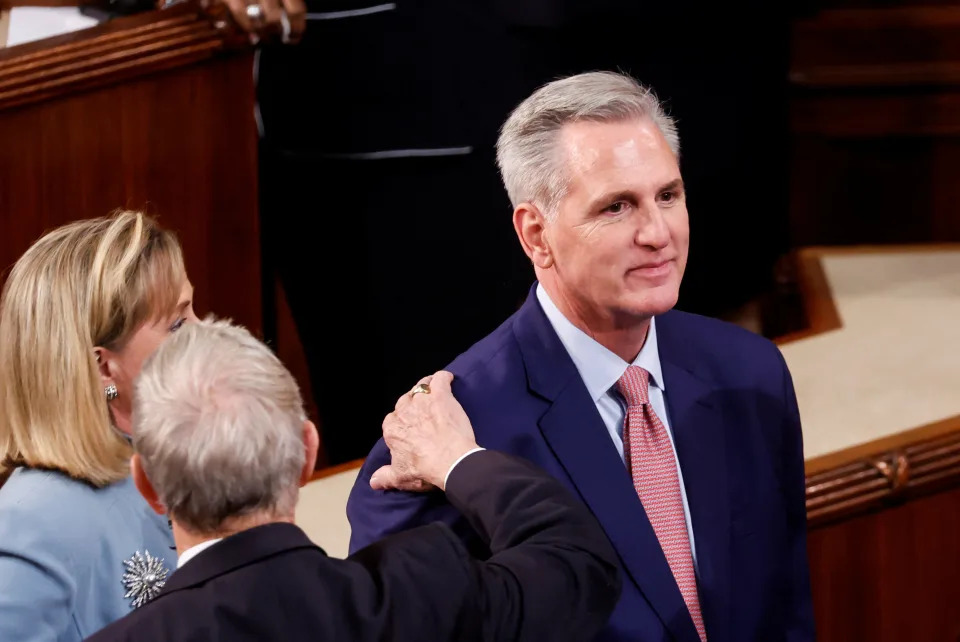 U.S. House Republican Leader Kevin McCarthy (R-CA) gets a pat on the back from one of his House colleagues prior to a fourth round of voting for a new House Speaker on the second day of the 118th Congress at the U.S. Capitol in Washington, U.S., January 4, 2023. (Jonathan Ernst/Reuters)