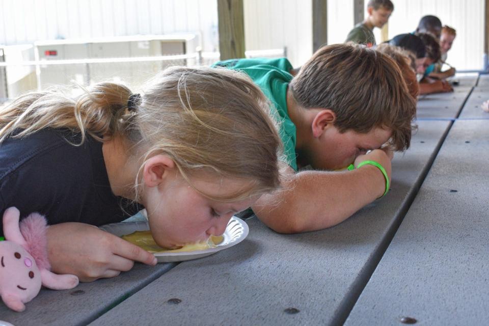 Competitors gobble up pudding in the Jr. Fair pie-eating contest.