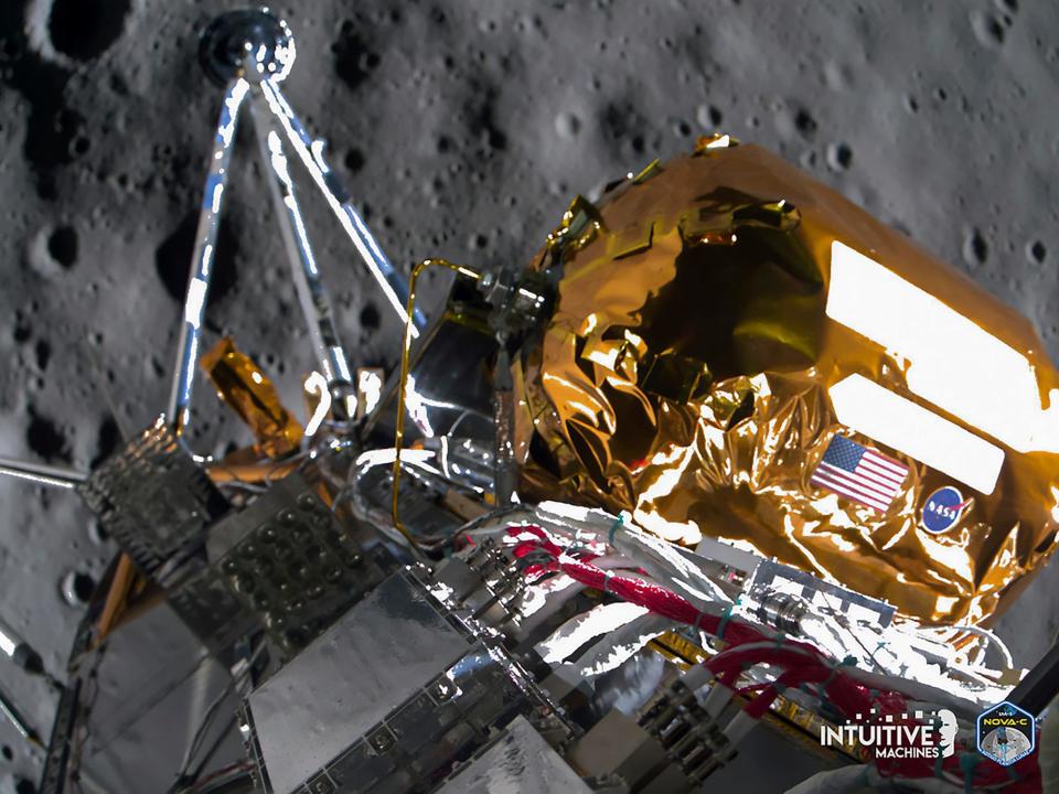 The Odysseus lunar lander can be seen Thursday, Feb. 22 in this image taken as it lands the south pole region of the Moon. The unexplored region of the moon is though to be abundant water ice, which would be vital as NASA looks to establish a permanent human presence on and around the moon ahead of future missions to Mars.