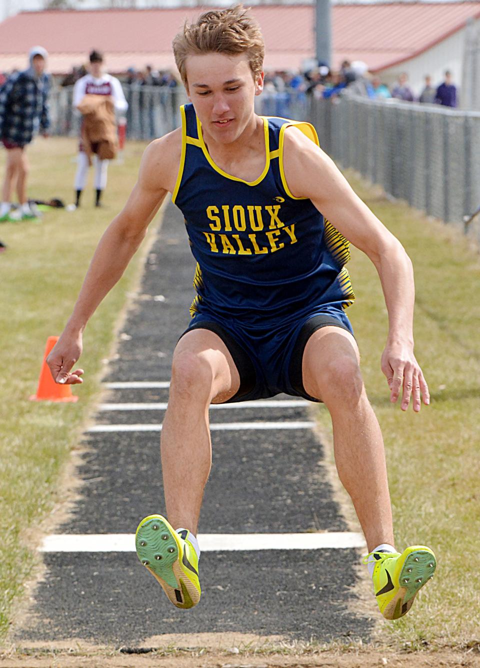 Braden Danzeisen of Sioux Valley gets ready to land in the boys' triple jump during the Pat Gilligan Alumni track and field meet on Tuesday, April 25, 2023 in Estelline.