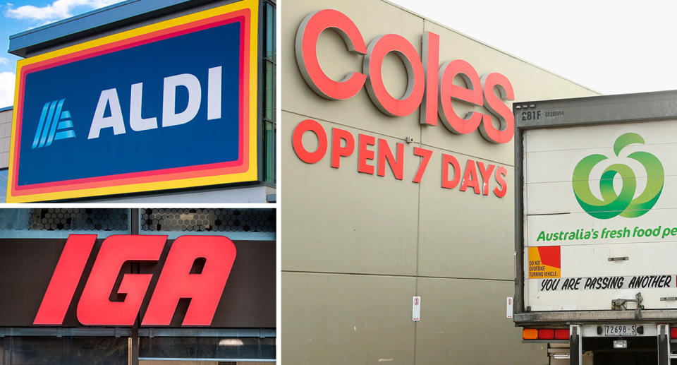 Aldi and IGA supermarket signs; Woolworths truck parked in front of Coles sign