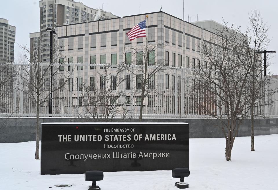 A photograph shows the US Embassy building in Kyiv, on January 24, 2022.