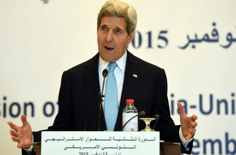 US Secretary of State John Kerry speaks during a press conference with his Tunisian counterpart Taieb Baccouche, on November 13, 2015 at the foreign ministry in Tunis