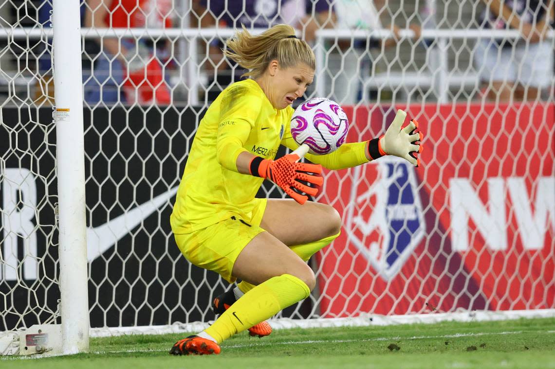 North Carolina Courage goalkeeper Casey Murphy (1) blocks a shot on goal by Racing Louisville FC during the second half at Lynn Family Stadium. EM Dash/EM Dash-USA TODAY Sports