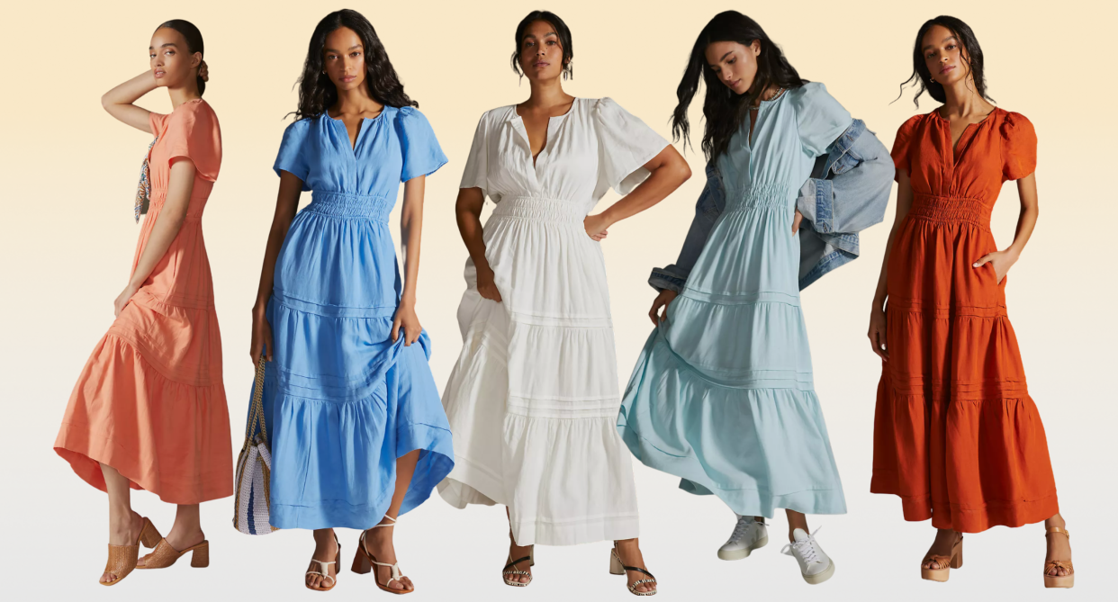 anthropologie, five models wearing anthropologie linen somerset dress in peach, blue, white, light blue and orange 