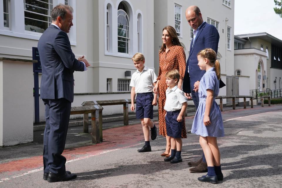 Prince George, Princess Charlotte and Prince Louis, accompanied by their parents the Duke and Duchess of Cambridge, arrive for a settling in afternoon at Lambrook School, near Ascot in Berkshire