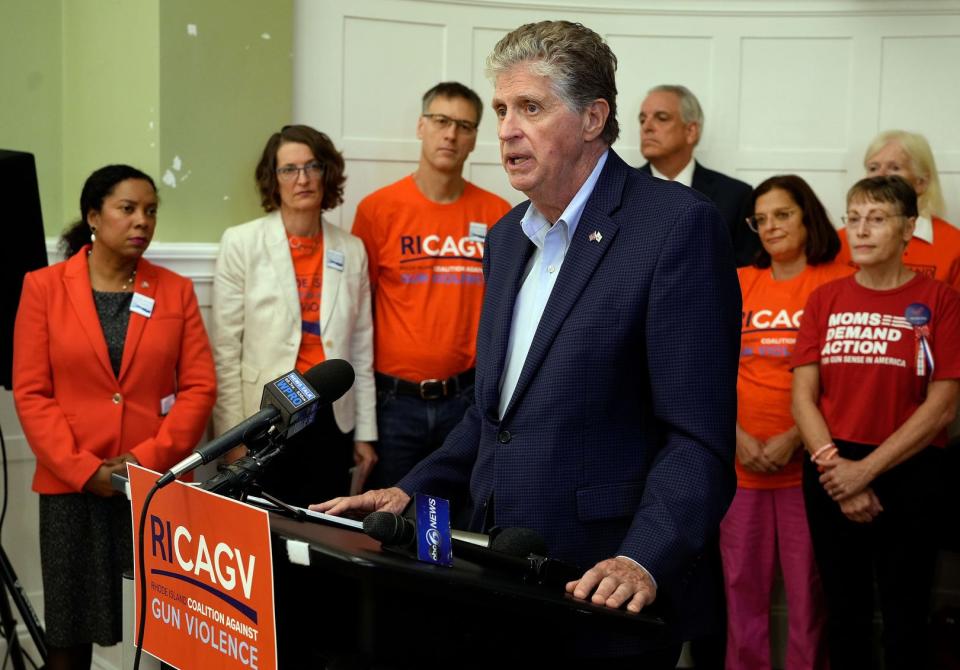 Gov. Dan McKee, who has said that if elected to a full term in November he will seek to outlaw assault rifles in Rhode Island next year, speaks at the news conference by Rhode Island Coalition Against Gun Violence and Moms Demand Action For Gun Sense in America.