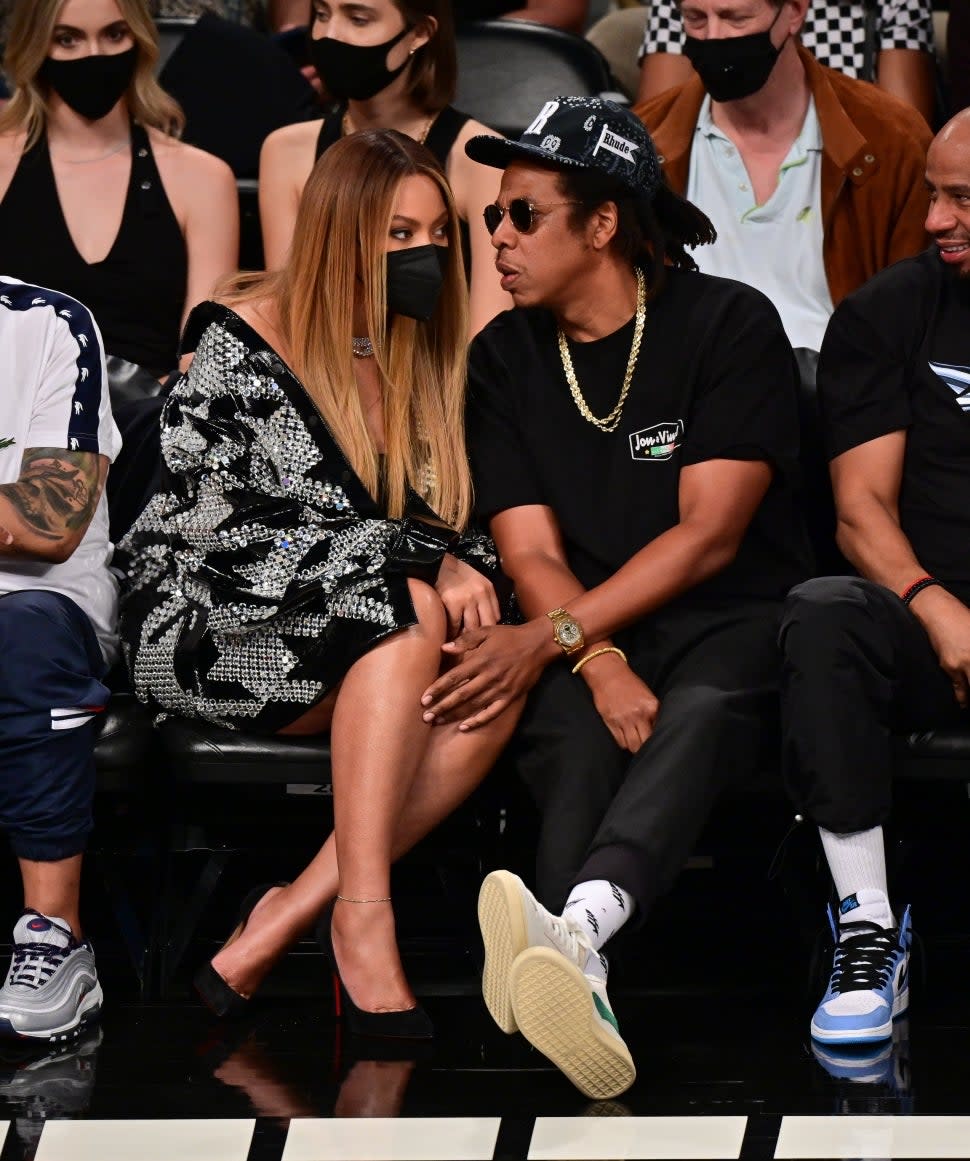 Beyonce and Jay-Z attend Brooklyn Nets v Milwaukee Bucks game at Barclays Center of Brooklyn on June 05, 2021 in New York City.