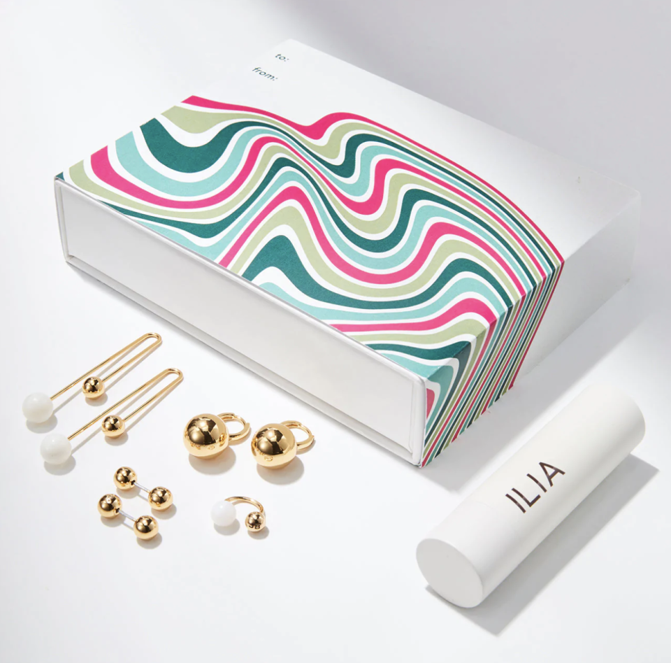 Jenny Bird Earring Play Kit with four pairs of gold and pearl earrings and ilia lipstick (Photo via Jenny Bird)