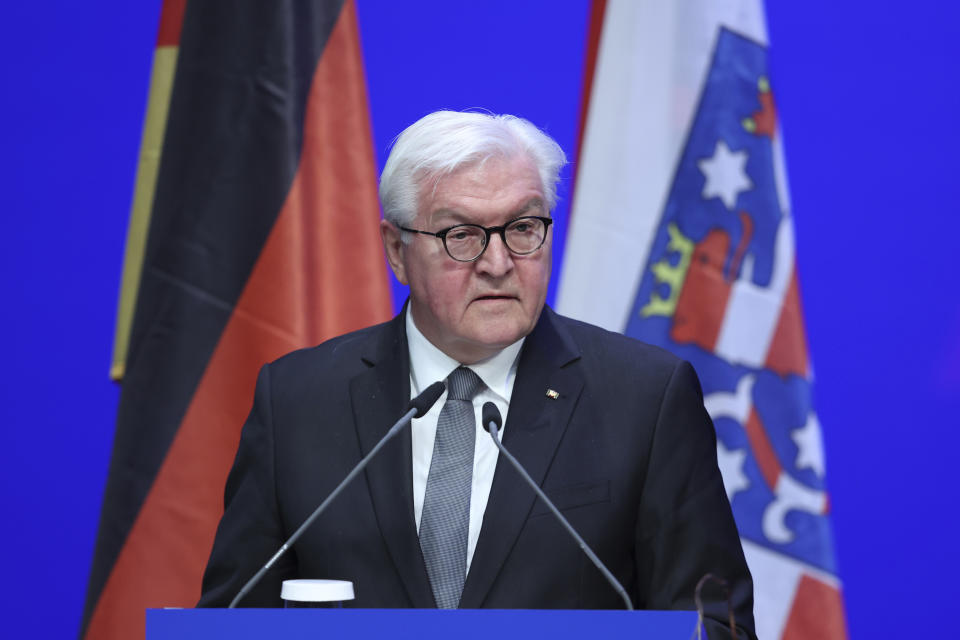 German President Frank-Walter Steinmeiner delivers a speech during an event in Weimar, Germany, Sunday, April 11, 2021 commemorating the liberation of the Buchenwald and Mittelbau-Dora concentration camps. On the 76th anniversary the liberation of the Buchenwald concentration camp, Germany’s president reminds his compatriots of the inconceivable atrocities that were committed at the Nazis’ camp during the Third Reich. (Ronny Hartmann/Pool Photo via AP)