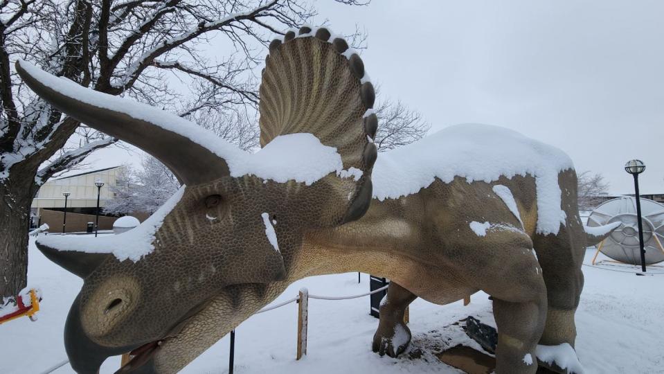 Snow is seen on top of the animatronic dinosaurs in the Outdoor Science Park of the Don Harrington Discovery Center. The Amarillo area and Texas Panhandle saw heavy snowfall Tuesday during a winter storm passing through the area.