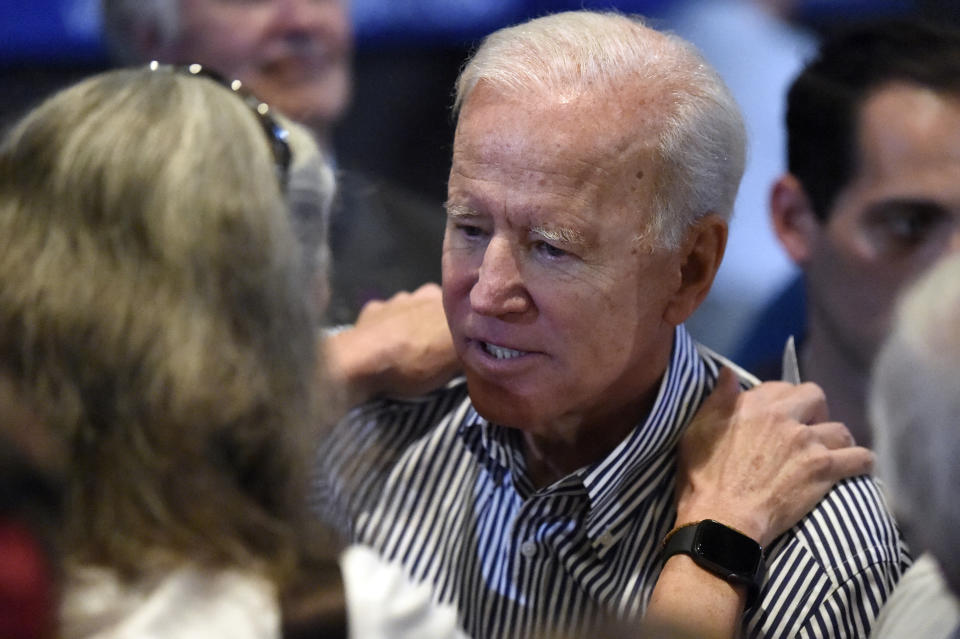 Former Vice President Joe Biden speaks with supporters following a town hall for his Democratic presidential campaign, , Wednesday, Aug. 28, 2019, in Spartanburg, S.C. (AP Photo/Meg Kinnard)