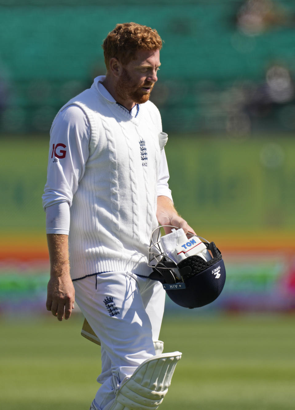 England's Jonny Bairstow leaves the ground after losing his wicket on the third day of the fifth and final test match between England and India in Dharamshala, India, Saturday, March 9, 2024. (AP Photo /Ashwini Bhatia)