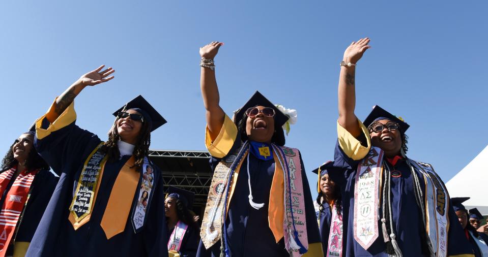 May 11 2024; Tuscaloosa, AL, USA; Graduates react to friends and family in the stadium seats after marching in during Stillman College’s Spring Commencement Saturday.