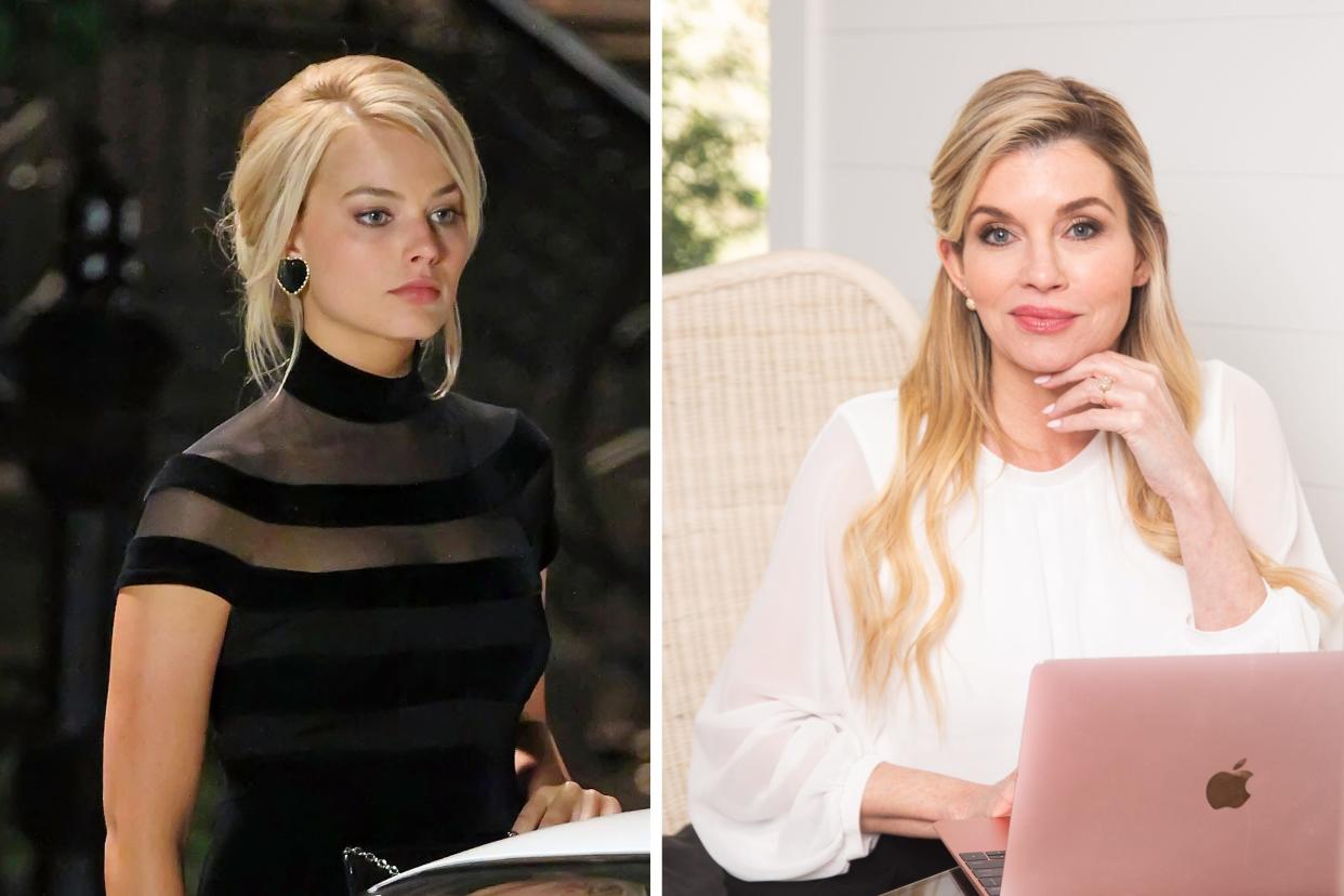 on left: Margot Robbie on set of The Wolf of Wall Street, on right: the real life Nadine Macaluso with a pink MacBook