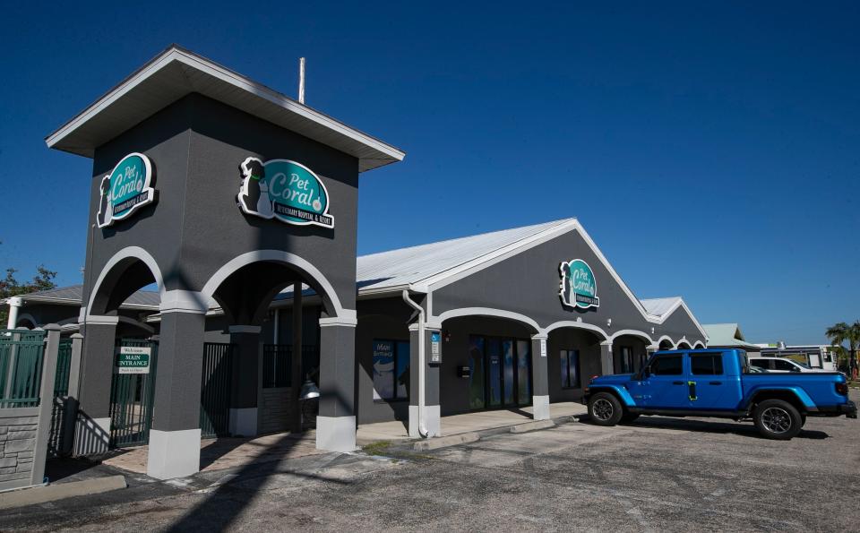 PetCoral Resort & Veterinary in Cape Coral is a 30,000-square-foot luxury pet resort that includes a swimming pool and water park, and a veterinary hospital.