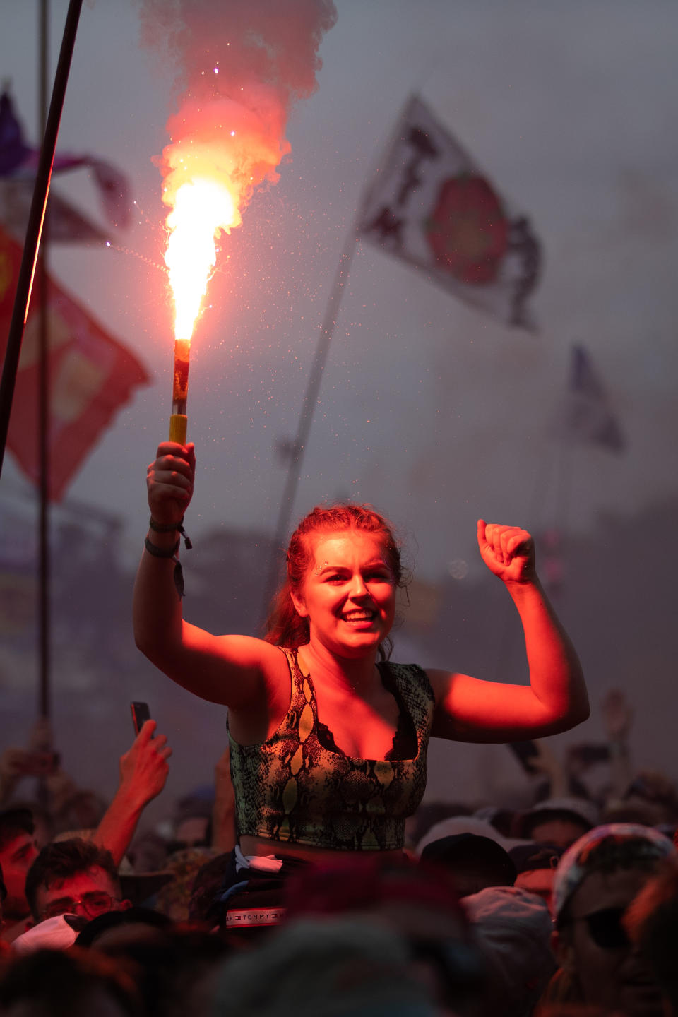 A festival goer watches Liam Gallagher on the Pyramid Stage during the Glastonbury Festival, at Worthy Farm in Pilton, Somerset.