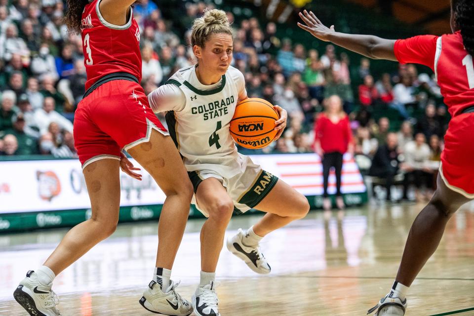 Colorado State’s McKenna Hofschild tries to get passed a defender during a game against UNLV at Moby Arena in Fort Collins, Colo., on Saturday, Jan. 6, 2024. Logan Newell/The Coloradoan-USA TODAY NETWORK