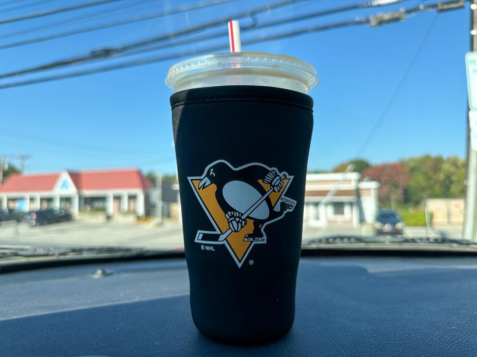 The new Penguin's cold drink sleeve fits on large sized soft drinks, iced teas and iced coffees. In addition to benefitting local charities, those buying the sleeve can show their Pittsburgh sports pride.