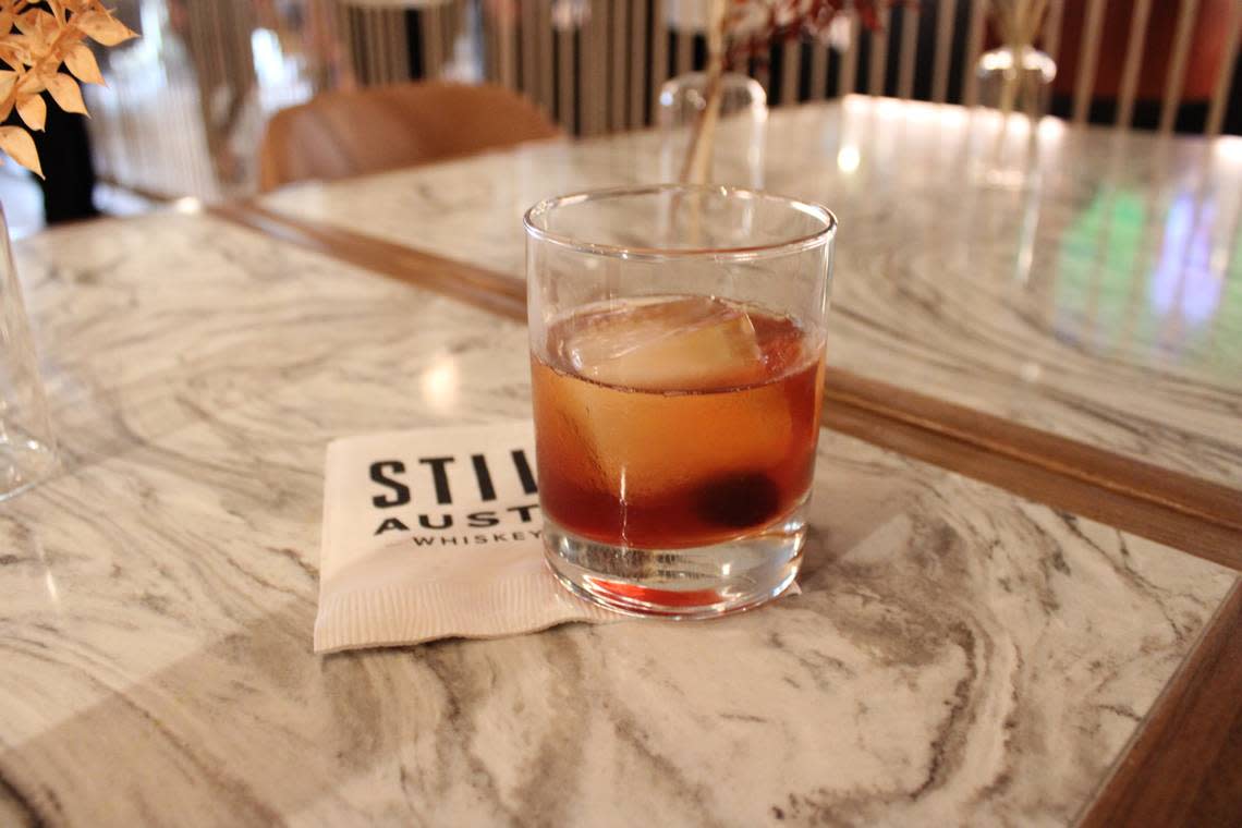 The Oaxacan old fashioned made with Still Austin Whiskey at West + Stone. Tuesday, April, 23, 2024.