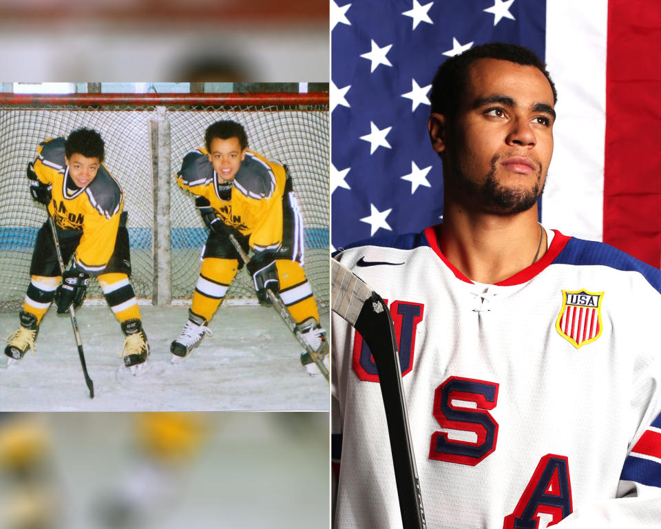 <p><strong>THEN:</strong> Big brother Jordan Greenway (right) with younger brother JD.<br><strong>NOW:</strong> He’s the first African-American to play hockey for Team USA.<br> (Photo via Instagram/greenway12; AP Photo/Rick Bowmer) </p>