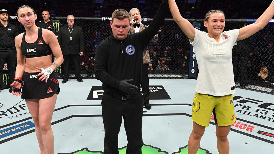 Maryna Moroz, pictured here after her win over Sabina Mazo at UFC Fight Night in 2019.