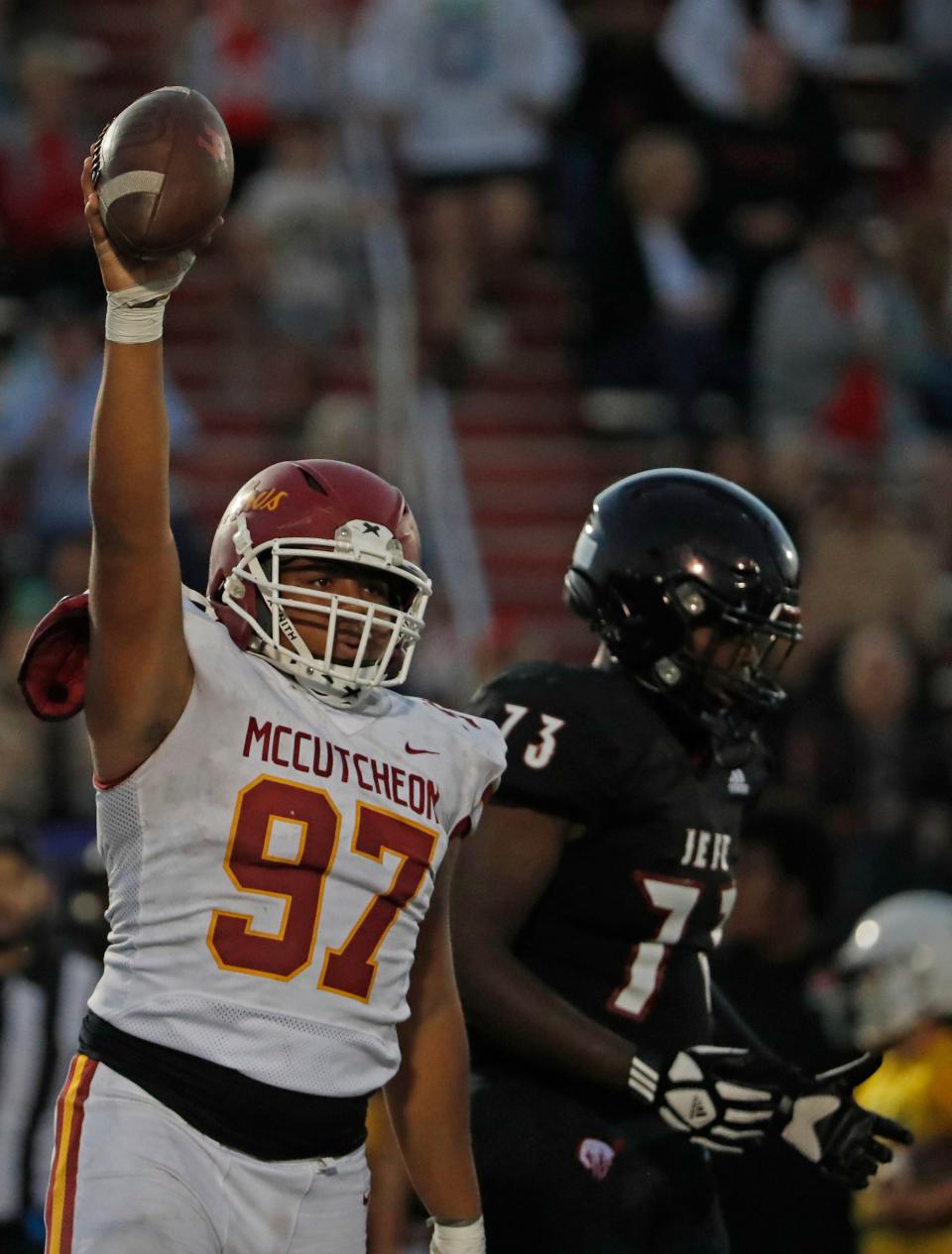 McCutcheon Mavericks Malachi Kenner (97) reacts after recovering a fumble during the IHSAA football game against the Lafayette Jeff Bronchos, Friday, Sept. 29, 2023, at Lafayette Jeff High School in Lafayette, Ind. McCutcheon won 34-22.