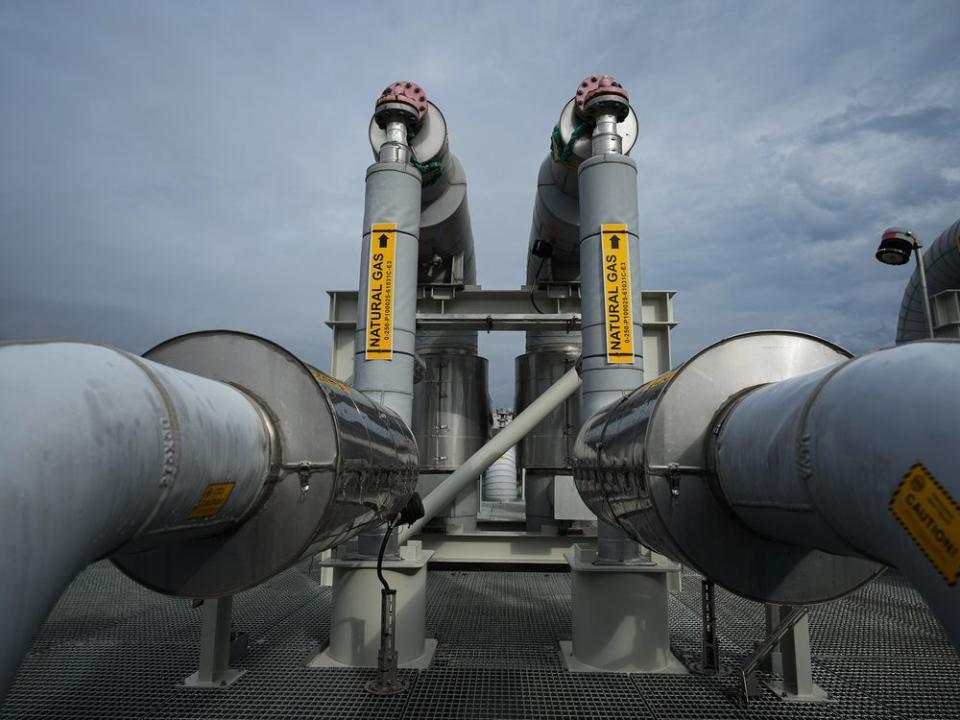  Piping is seen on the top of a receiving platform which will be connected to the Coastal GasLink natural gas pipeline terminus at the LNG Canada export terminal under construction, in Kitimat, B.C.