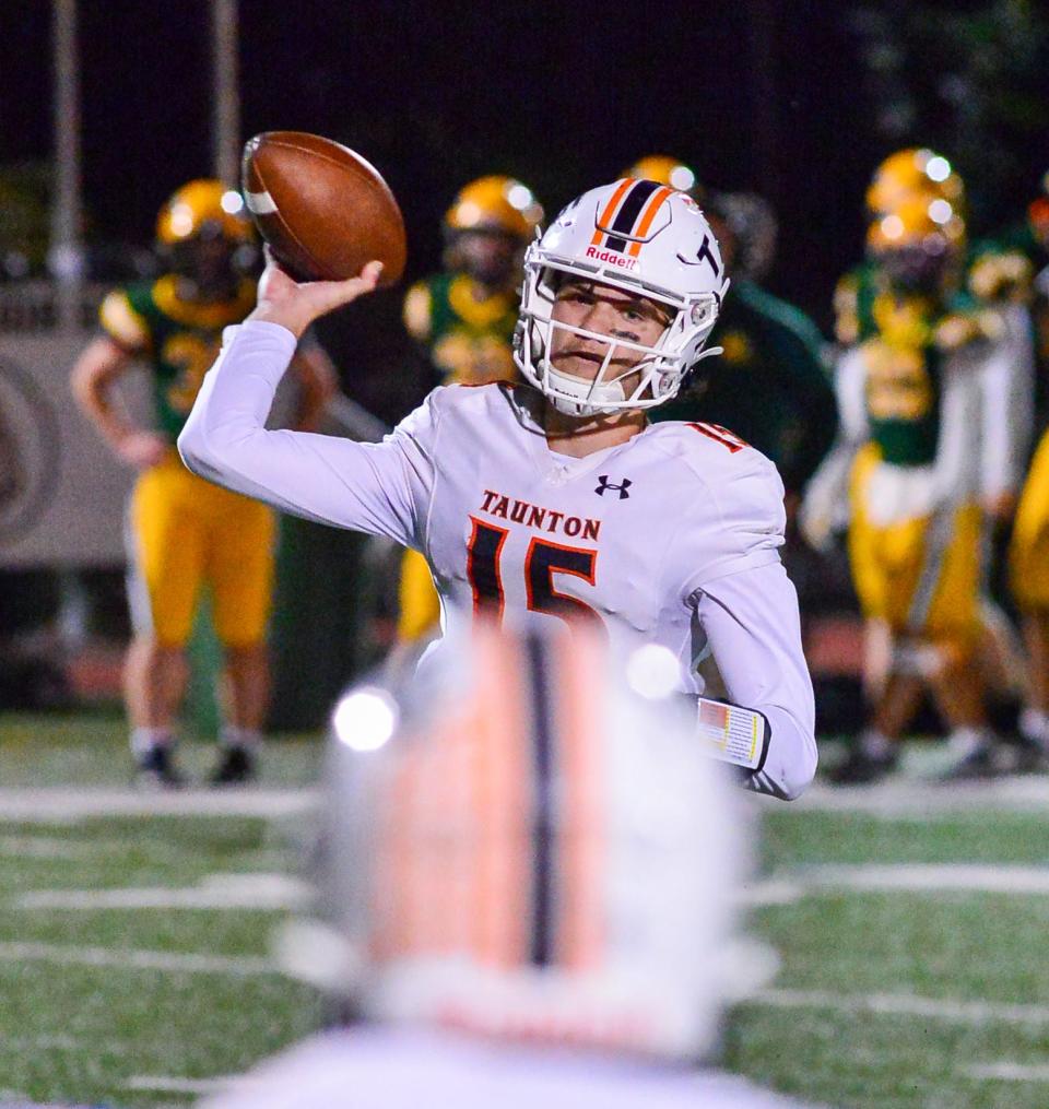 Taunton’s Jacob Leonard attempts a pass during Friday’s game against King Philip.