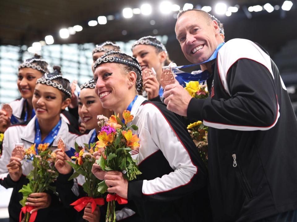 Team USA and Bill May of Team USA celebrate with their bronze medals after the Mixed Team Acrobatic during the World Aquatics Artistic Swimming World Cup 2024 at Aquatics Centre on 5 May 2024 in Paris, France  (Getty Images) (Getty Images)