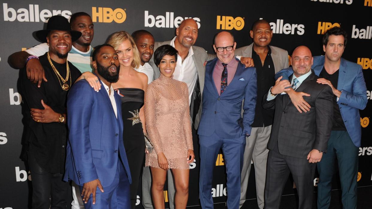 Mandatory Credit: Photo by Larry Marano/Shutterstock (5770097ad)London Brown, Donovan Carter, John David Washington, Arielle Kebbel, Dule Hill, Jazmyn Simon, Dwayne Johnson, Rob Corddry, Omar Benson Miller, Troy GarityHBO 'Ballers', Season 2 premiere, Florida, USA - 14 Jul 2016.