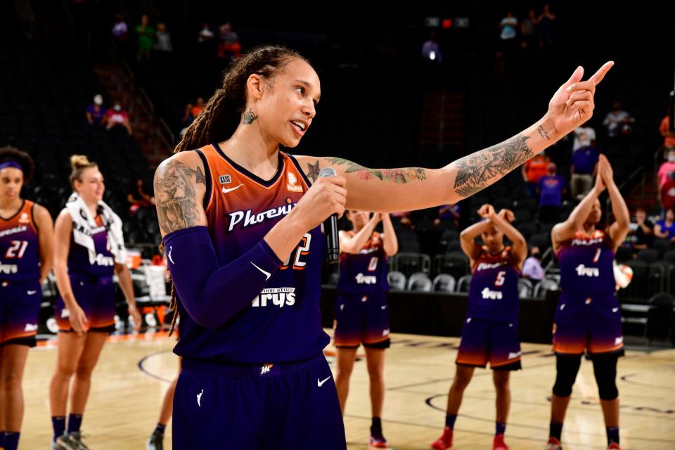 Brittney Griner speaks to the crowd following a Phoenix Mercury game.