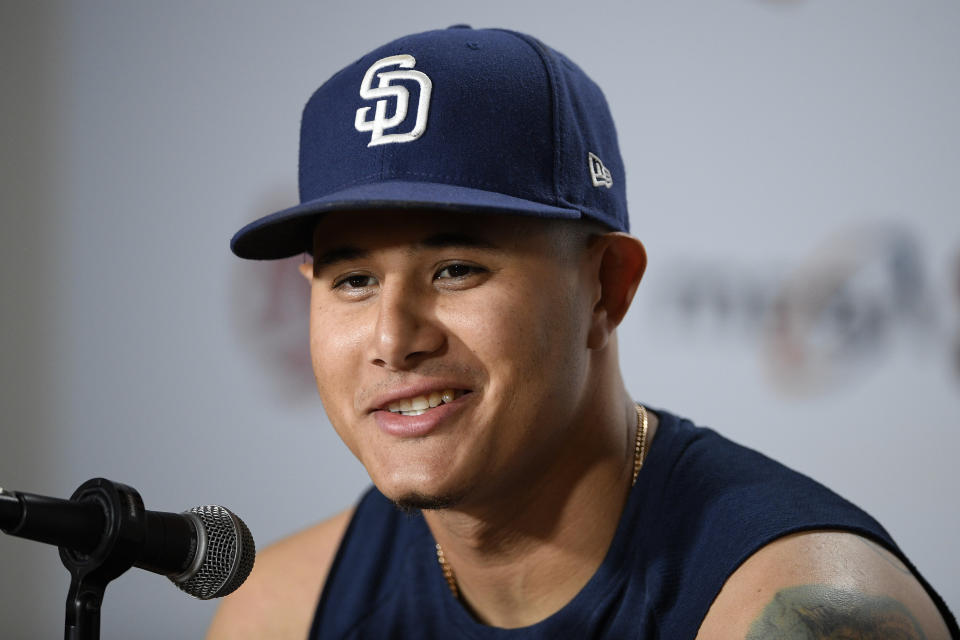 San Diego Padres' Manny Machado talks to the media before a baseball game against the Baltimore Orioles, Tuesday, June 25, 2019, in Baltimore. (AP Photo/Nick Wass)