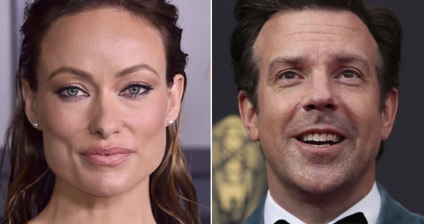 Separate photos of the faces of a famous woman, left, and a famous man