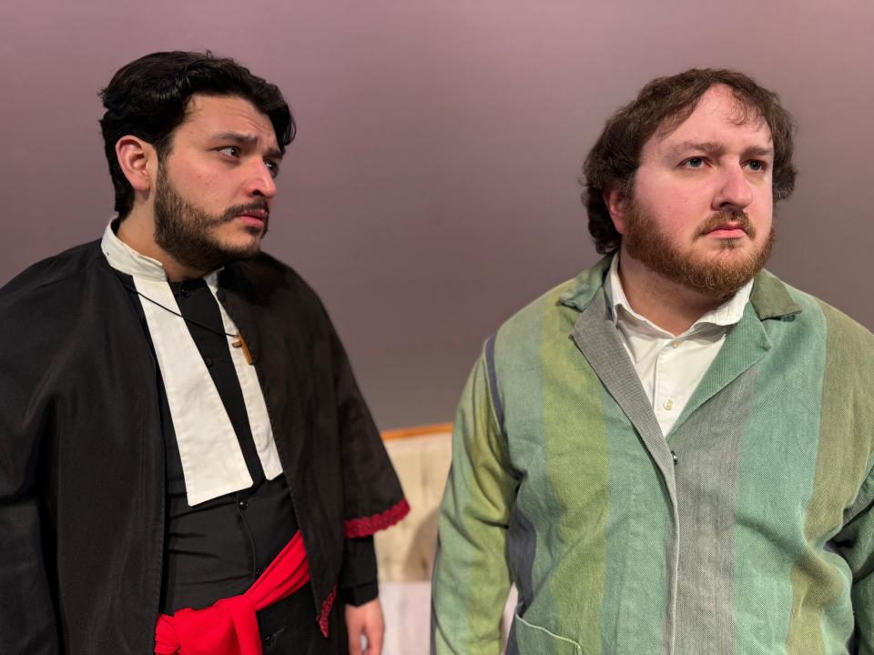 From left: Nike Carter (as Father Brady) and Phil Cunningham (as Feral/Vincent) in Original Productions Theatre and Abbey Theater of Dublin’s world premiere co-production of “Van Gogh’s in the Attic.”