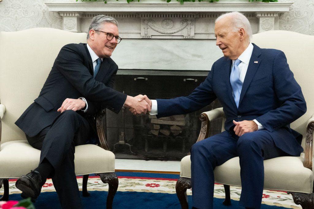 Sir Keir Starmer shares a handshake with Joe Biden at the Oval Office in the White House on 10 July 2024