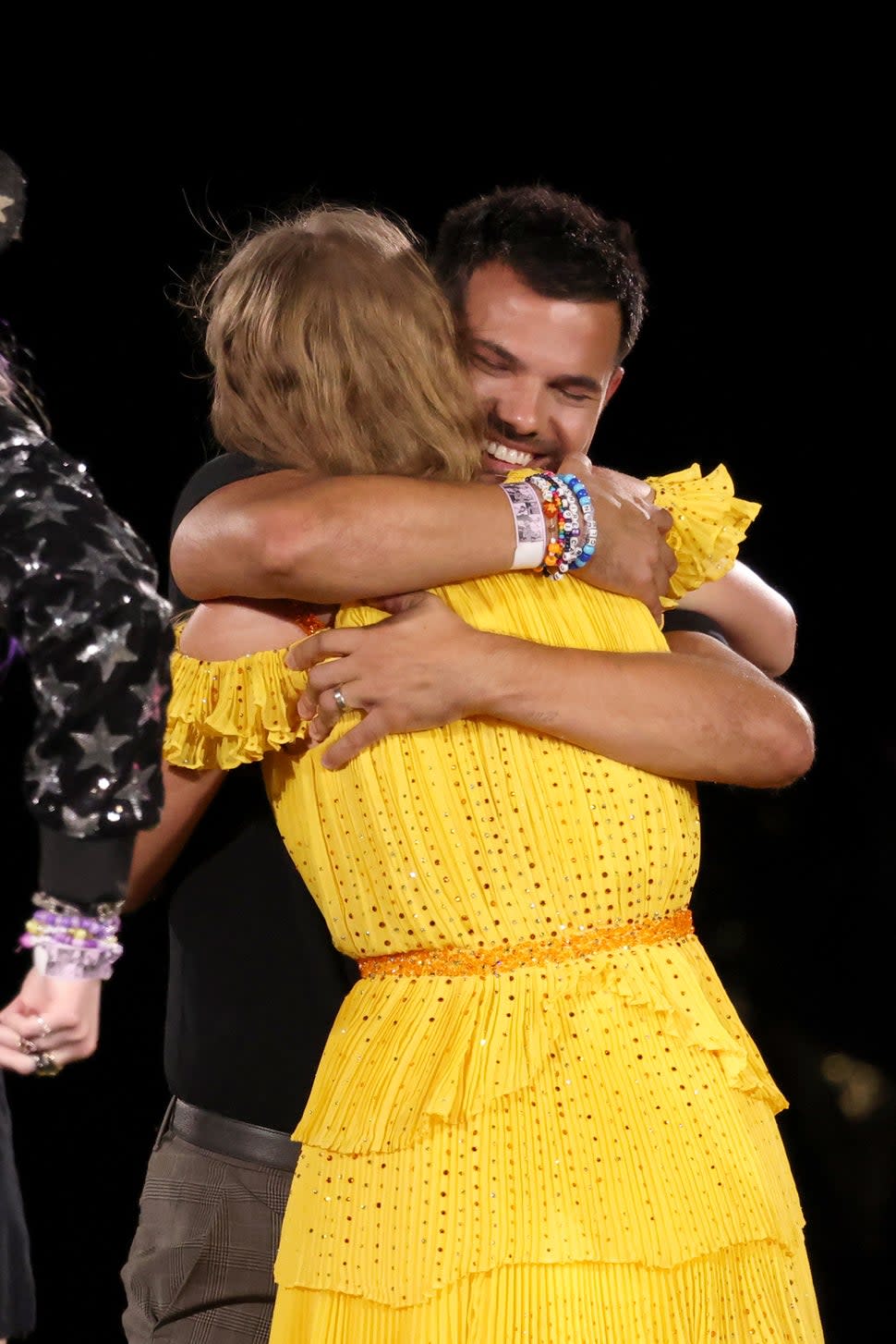  Taylor Swift and Taylor Lautner are seen onstage for night one of Taylor Swift | The Eras Tour at GEHA Field at Arrowhead Stadium on July 07, 2023 in Kansas City, Missouri.