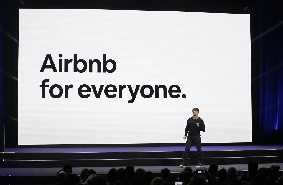 Airbnb co-founder and CEO Brian Chesky speaks during an event Thursday, Feb. 22, 2018, in San Francisco. Airbnb is dispatching inspectors to rate a new category of properties listed on its home-rental service in an effort to reassure travelers they’re booking nice places to stay. (AP Photo/Eric Risberg)