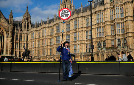 An anti-Brexit protester stands outside the Houses of Parliament in London. REUTERS/Alkis Konstantinidis