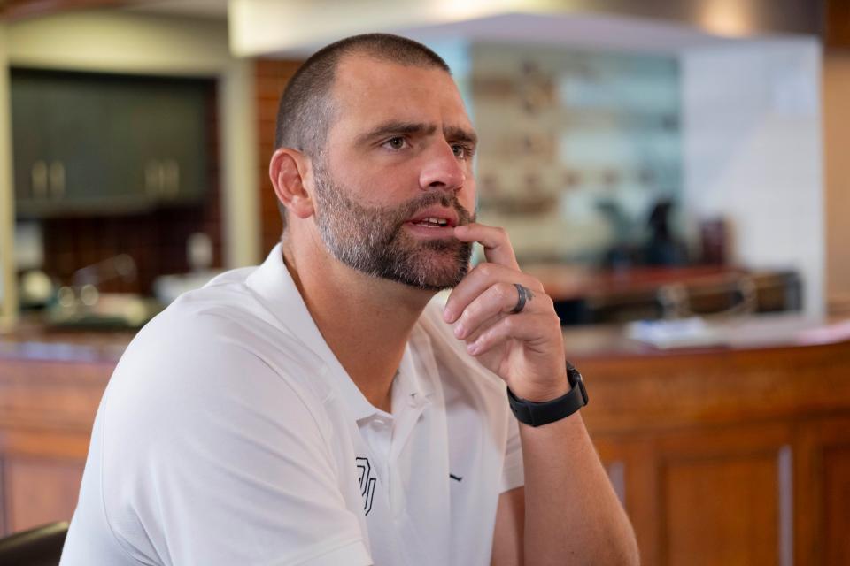 OU tight ends coach Joe Jon Finley speaks during a media day for the University of Oklahoma Sooners (OU) football team in Norman, Okla., Tuesday, Aug. 1, 2023.