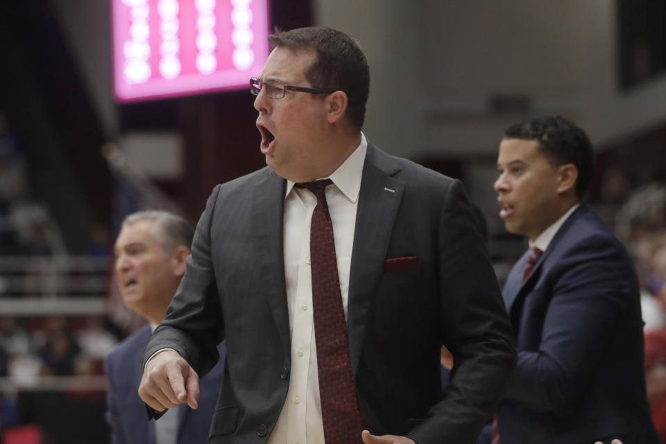 Stanford head coach Jerod Haase yells during the first half of an NCAA college basketball game against Kansas in Stanford, Calif., Sunday, Dec. 29, 2019. (AP Photo/Jeff Chiu)